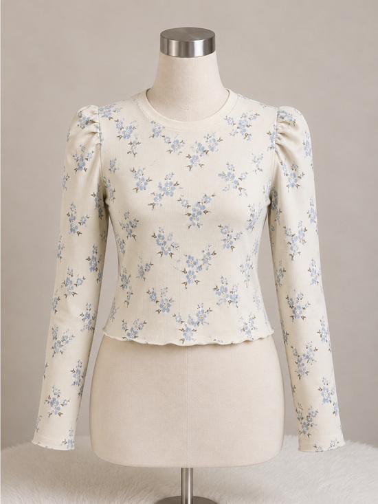 Zara Tops - Zara Cream Long-Sleeve Puff Shoulder Top with Light Blue Floral